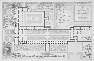 A granadai Generalife kertjeinek alaprajza a „Spanyolország arab régiségei” című művéből, John Roffe (1769-1850) metszetében, 1815-ben.